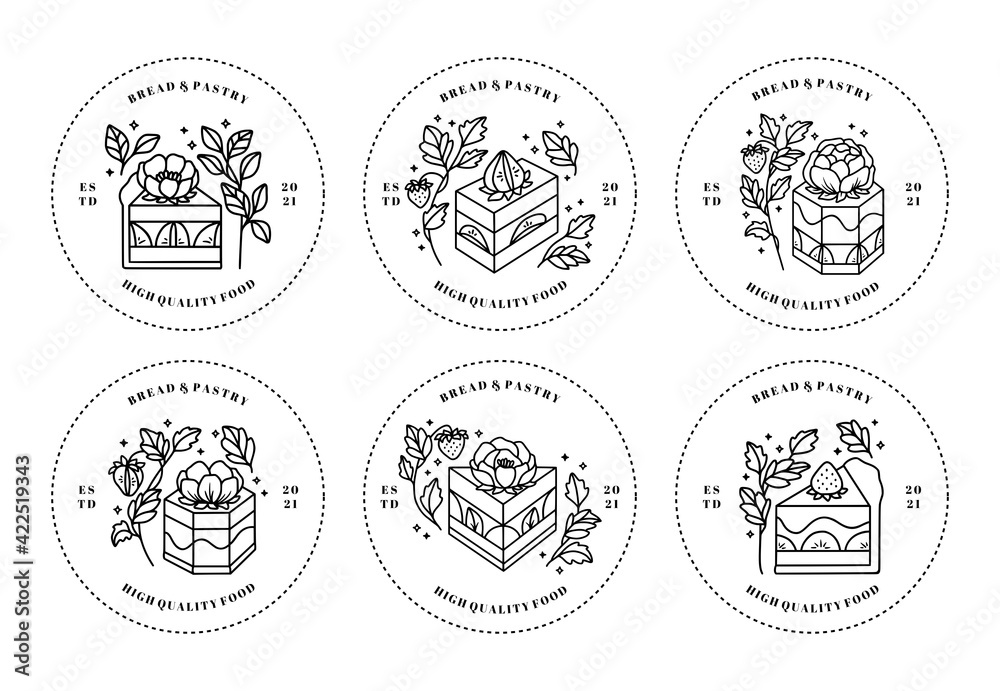 Set of hand drawn cake, pastry and bakery logo elements isolated on white background