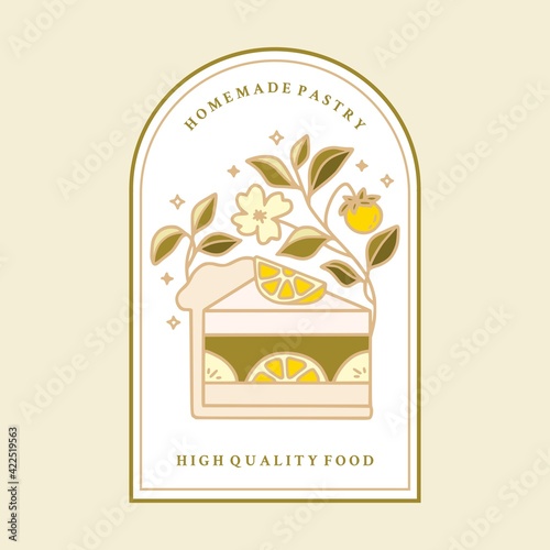 Hand drawn lemon cake, orange pastry, bakery logo, label, food product elements with leaf branch and frame