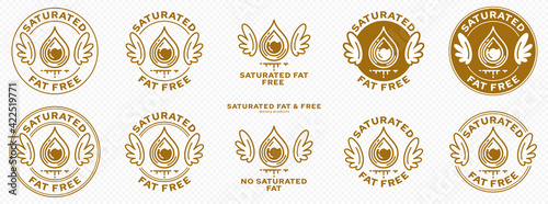 Concept for product packaging. Labeled - Saturated Fat Free. Stamp with wings and a bold drop of saturated fat - a symbol of freedom from the ingredient. Vector set.