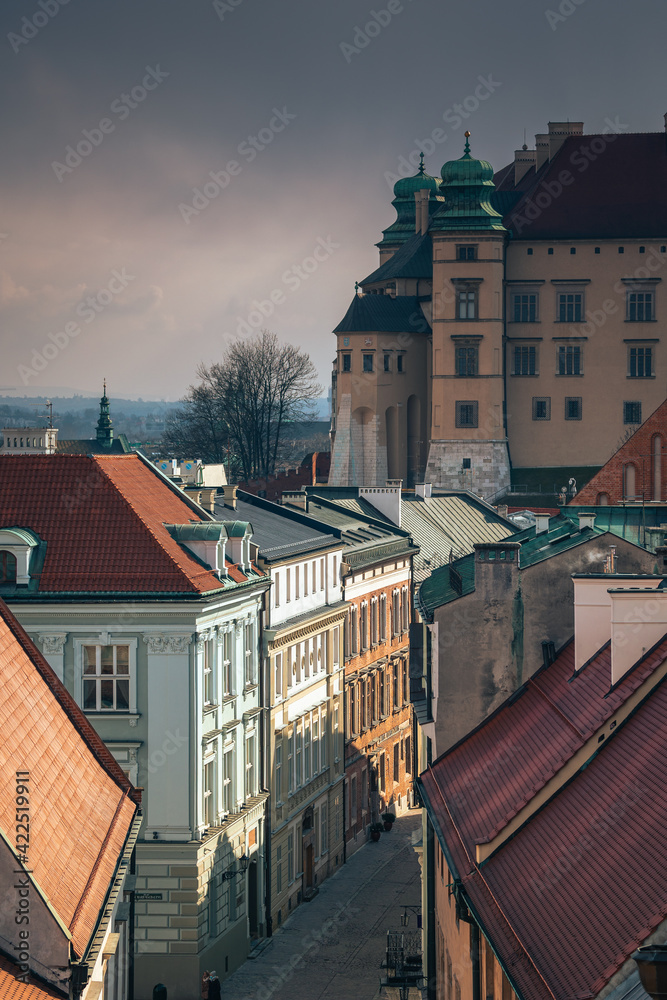 Fototapeta premium Krakow old town photographed in March. Dynamic weather created interesting conditions for shooting.