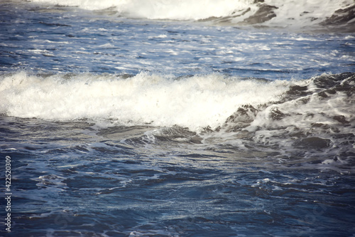 Sea waves and foam of Mediterranean sea with strong wind, Spain, © Aleksej
