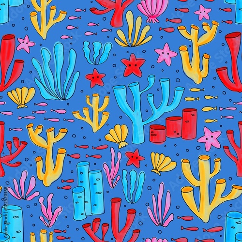 Ocean Coral reef seamless colorful background. Repeating pattern with underwater elements painted. For kids wear, cute fabric, children decor, summer.
