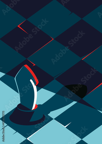 Poster template with chess board and knight. Strategy concept art in flat design.