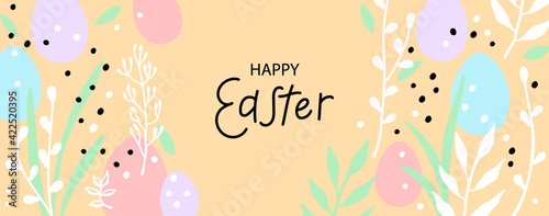 Happy Easter greeting card. Trendy design with typography, hand drawn easter eggs, twigs, leaves and dots in pastel colors. Modern flat minimal style. Horizontal poster, header or banner for website