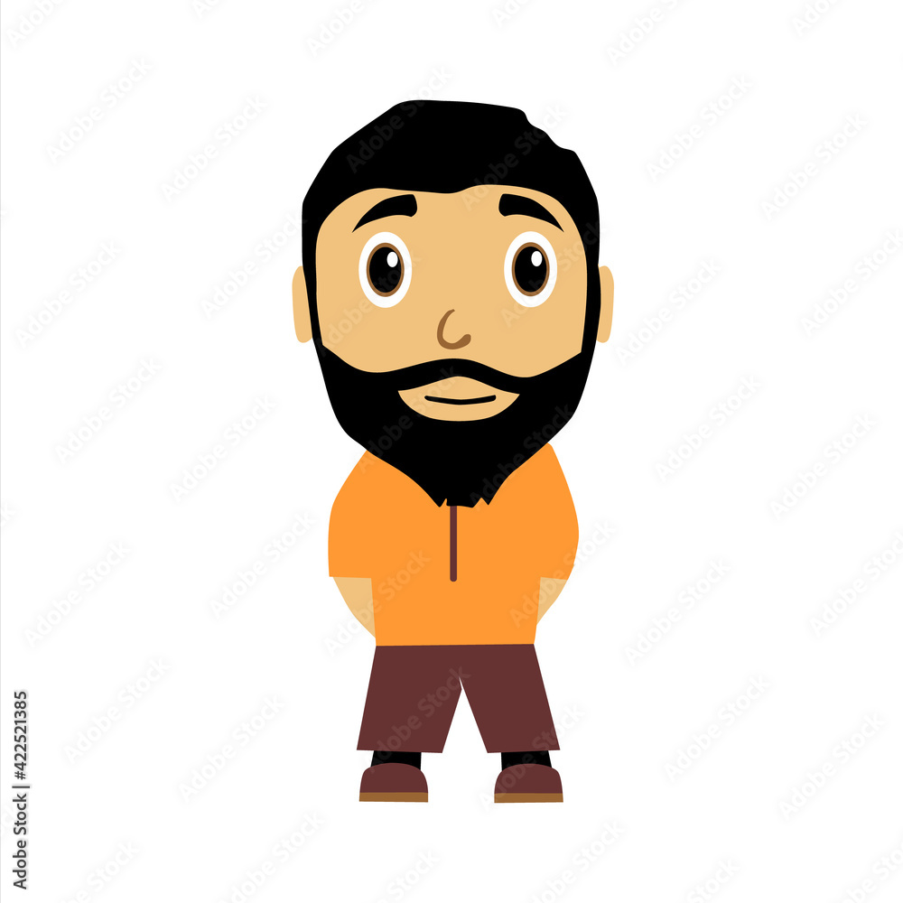 Muslim cartoon bearded with orange shirt standing