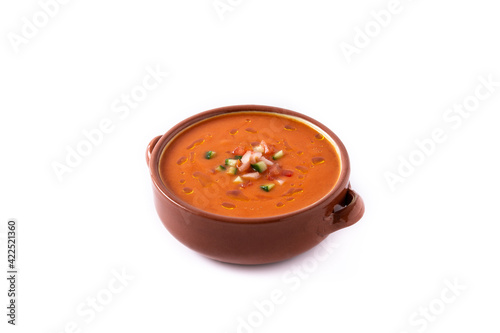 Gazpacho soup in crockpot isolated on white background. Typical spanish food