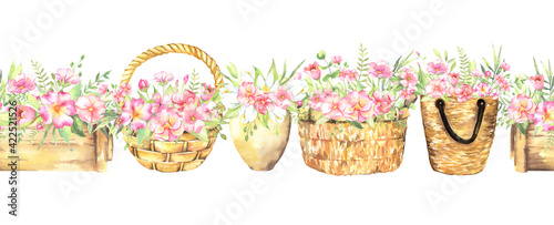 Watercolor floral illustration - basket with leaves and branches bouquets with pink flowers and leaves for wedding stationary, greetings, wallpapers, background. Roses, green leaves. . High quality
