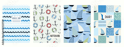 Cover page vector templates with sailing boats, waves, anchors, lifesavers. Headers isolated and replaceable photo