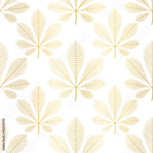 Chestnut leaves gold foil seamless vector pattern. Repeating nature autumn leaf background with faux metallic golden fall plants on white. Use for cards, elegant autumn decor, wallpaper, fabric.