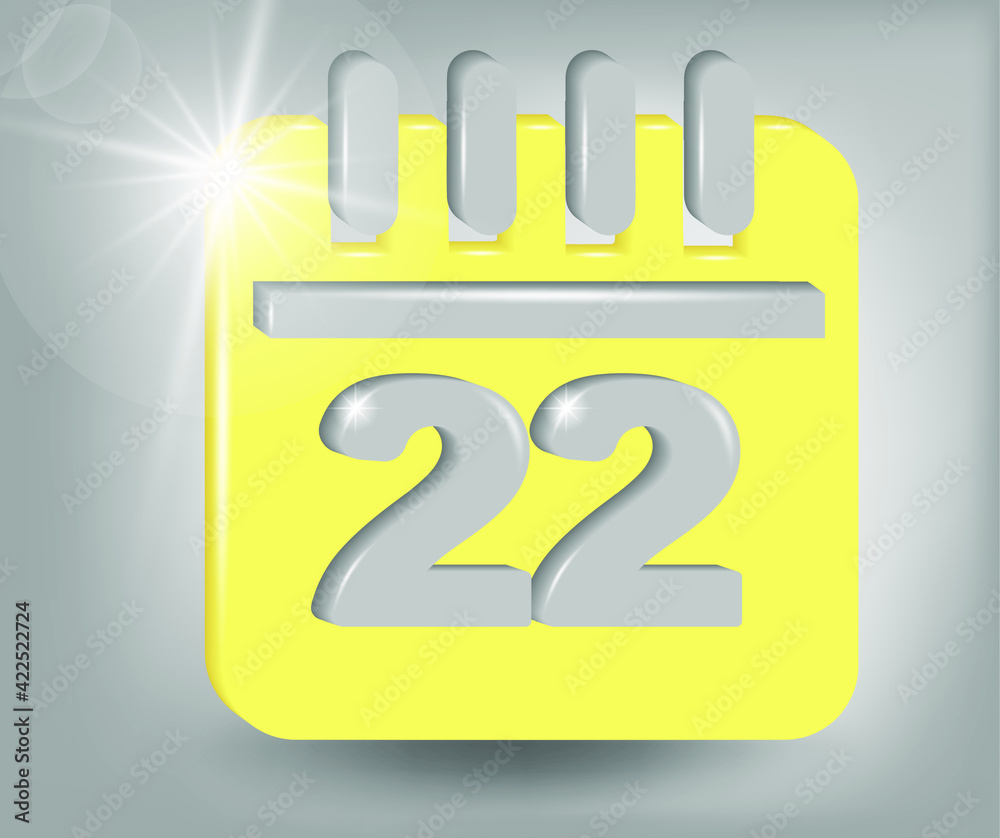 Calendar icon - date number 22. Calendar symbol for your web site design, logo, app, UI. 3d vector illustration in yellow - gray colors. Calendar icon - date number 22. Calendar symbol for your web site design, logo, app, UI. 3d vector illustration in yellow - gray colors.