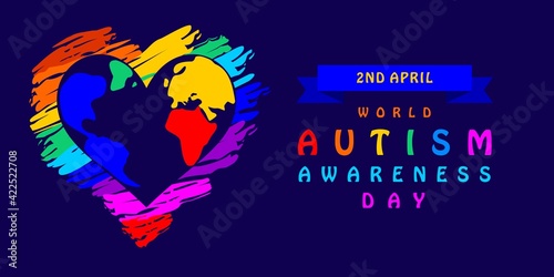 World autism awareness day. World map and brush paint inside heart. Vector illustration on the theme of solidarity and awareness with individuals with autism