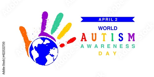 World autism awareness day. World map and color hand print.