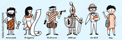 Man history flat color vector cartoon characters set. Humanity evolution through time periods. Ancient era profession. Human development timeline isolated cartoon illustrations on blue background