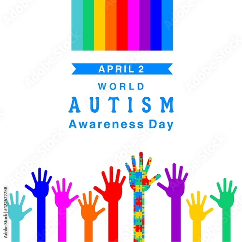 World autism awareness day message card design. Puzzle-shaped hand and other colored hands vector illustration.