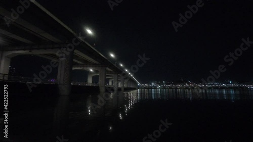 The night view of Banpo Bridge, Seoul's Banpo Hangang Park, the night view of the Subu Bridge, the waves of the flowing river, and the sparkling city lights. photo