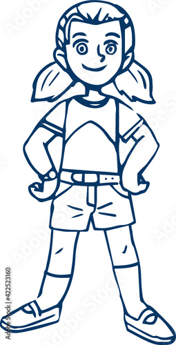 Clipart black outline child schoolboy girl hands in hips. Vector illustration in cartoon style.