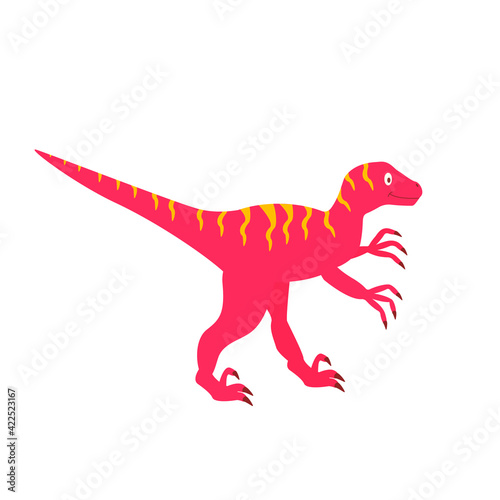 A cartoon velociraptor stands sideways on a white background. Dinosaur pink color cute on white background isolated. © Nadezhda