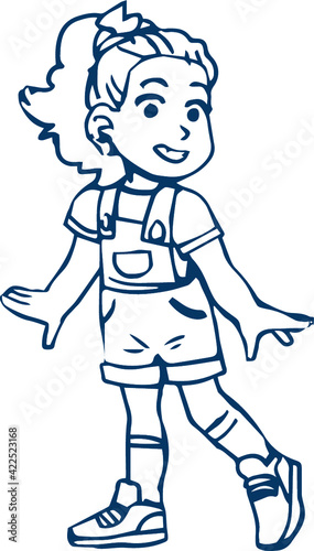 Clipart black outline child schoolboy girl dancing. Vector illustration in cartoon style.