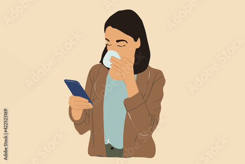 Woman in jacket drinks coffee and watching at phone before working day in the morning. Vector illustration. Lifestyle concept.