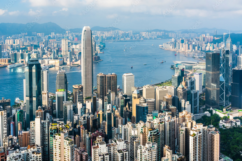 panoramic view of Hong Kong from the Victoria peak in Hong Kong.

