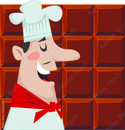 Cook confectioner on a background of chocolate. Vector illustration in cartoon style.