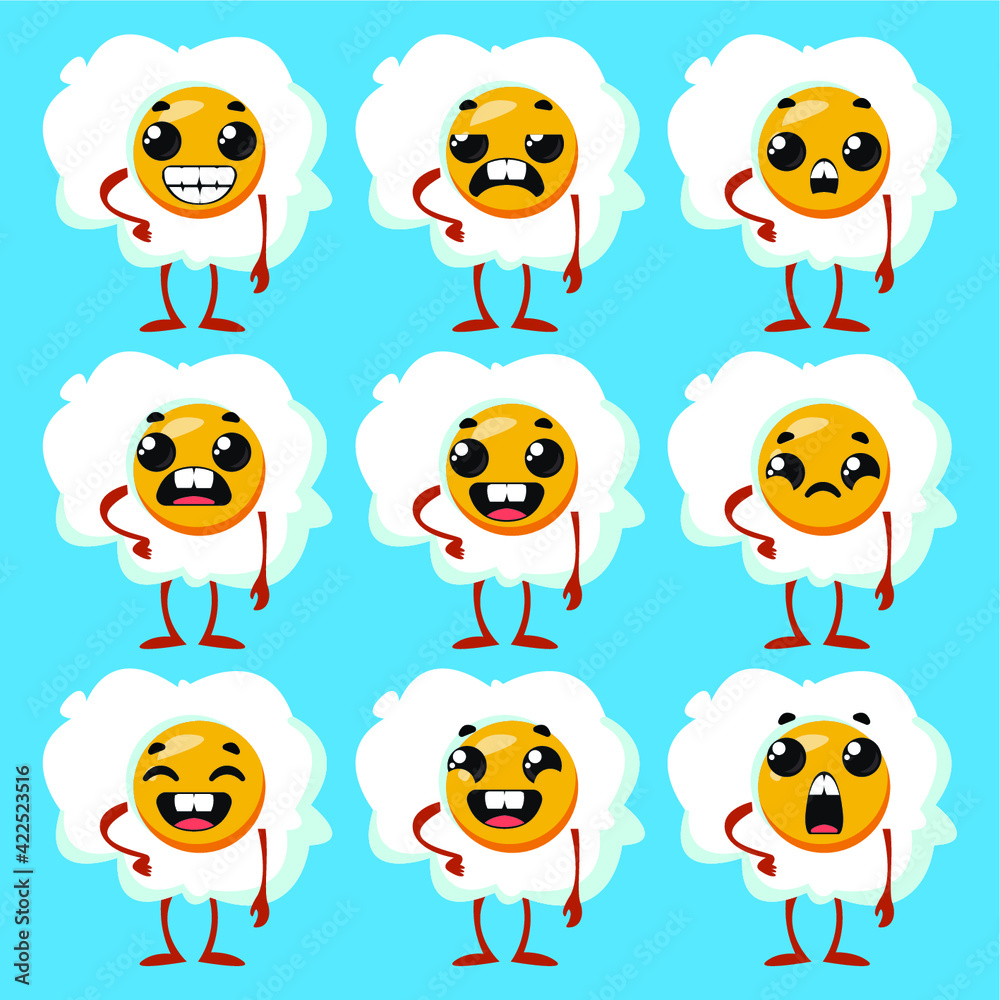 Seth scrambled eggs with emotions. Children's funny clipart. Vector illustration in cartoon style. Seth scrambled eggs with emotions. Children's funny clipart. Vector illustration in cartoon style.
