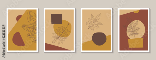 Set of 4 abstract illustrations in boho style for wall decoration. Art design with hand drawn plant elements and abstract shapes. Minimalism in warm earth tones. Stock vector illustration.
