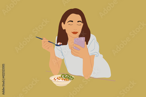 Pretty woman in blue t-shirt enjoys breakfast in the morning, eating granola with kiwi while using a phone. Vector illustration.