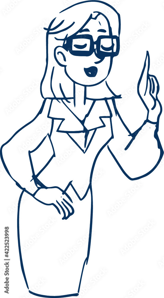 A girl with glasses speaks and gesticulates with her hand. Figure teacher or businessman or bank employee. Vector black white illustration. A girl with glasses speaks and gesticulates with her hand. Figure teacher or businessman or bank employee. Vector black white illustration.