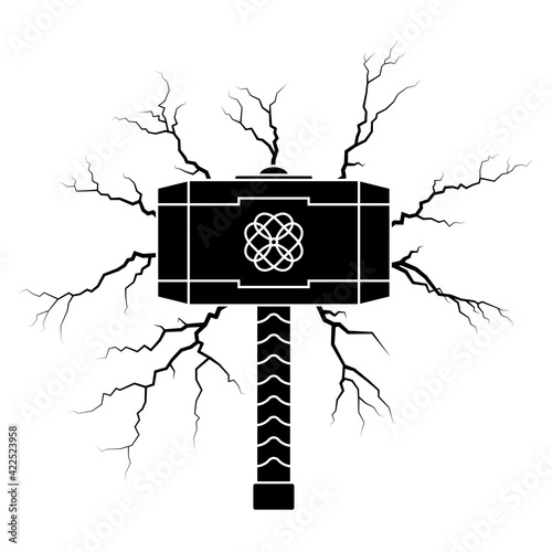 Viking hammer icon with lightning bolts vector illustration