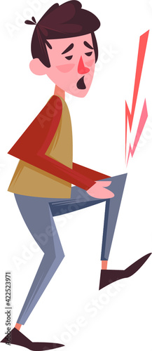 A man with pain in the knee. Symbol of leg disease or fracture. Problems with the kneecaps. Vector illustration in cartoon style.