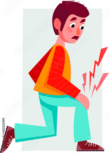 A man with pain in the knee. Symbol of leg disease or fracture. Problems with the kneecaps. Vector illustration in cartoon style.