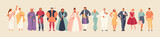 Development of fashion from ancient times to the present. Clothes and costume history vector illustration