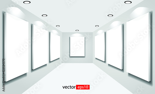 White canvas on the walls of the gallery. Vector illustration