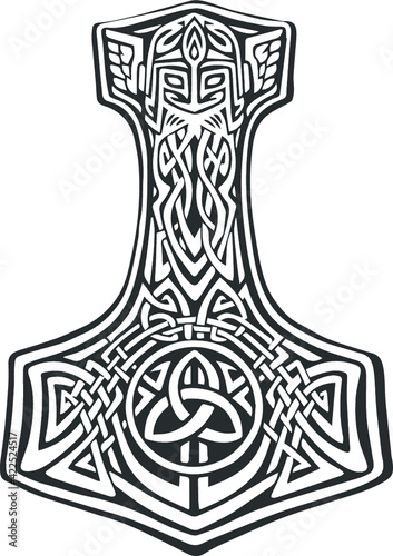 Mjellner Thor's hammer.. Vector illustration in graphic style clipart tattoo. Hammer of God. Scandinavian mythology.