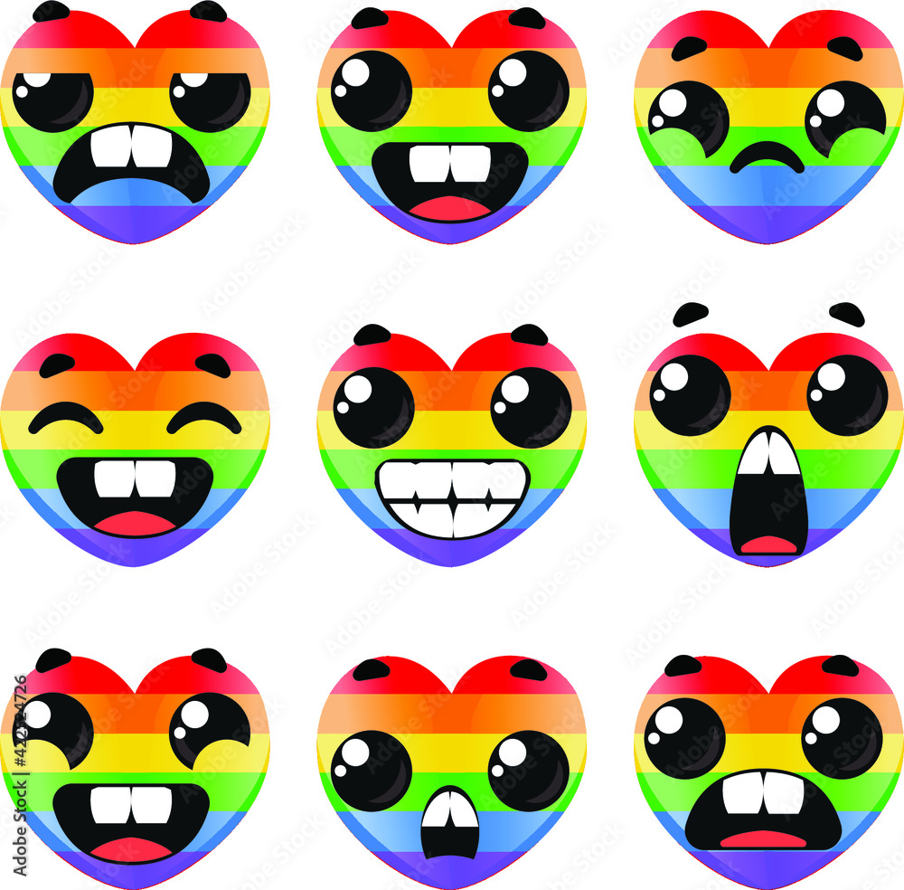 Seth hearts LGBT with different emotions. Valentine's Day. Vector illustration in cartoon childish style. Seth hearts LGBT with different emotions. Valentine's Day. Vector illustration in cartoon childish style.