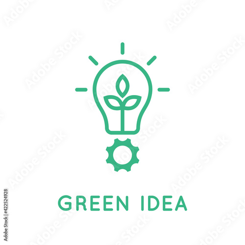 Lightbulb with a gear. Green idea concept. Environmental friendly technology. Bulb with a leaf and a cog. Industrial innovation. Ecological responsible business. Vector illustration, flat, clip art.