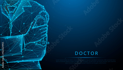 Male Doctor With Arms Crossed Holding Stethoscope with copy space. Healthcare and medical concept. glowing blue. Low polygon or low poly design. Wireframe light connection structure.