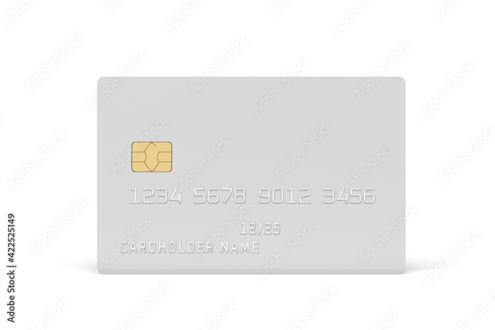 White plastic card with chip isolated on white. Payment or credi White plastic card with chip isolated on white. Payment or credi