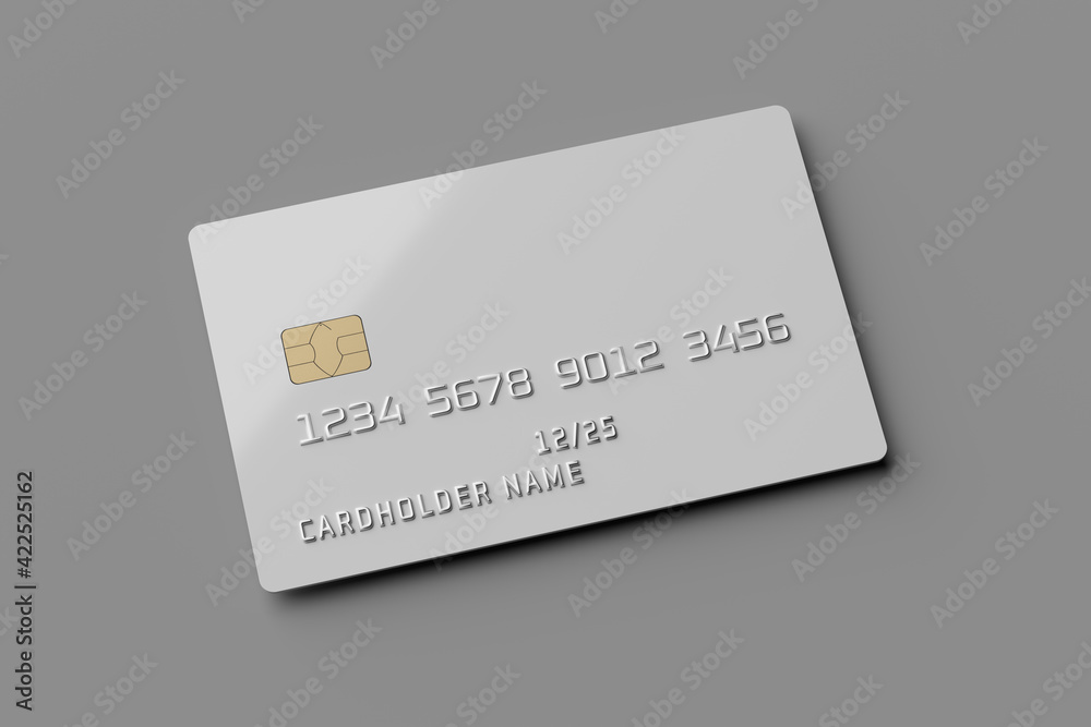 White plastic card on gray background . Payment or credit card. 3D rendering. White plastic card on gray background . Payment or credit card. 3D rendering.