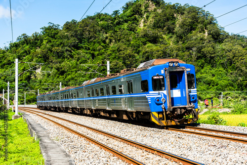 the train passes through the countryside of Taitung, Taiwan