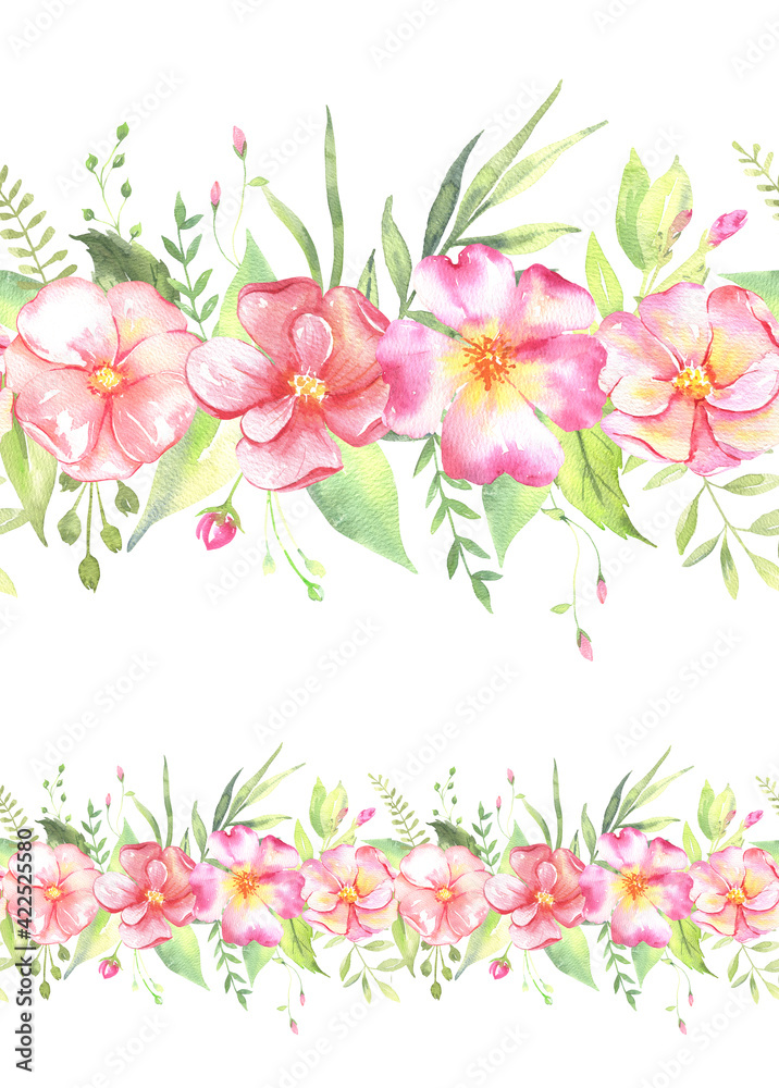 Watercolor floral illustration -seamless floral border with pink flowers and leaves for wedding stationary, greetings, wallpapers, background. Roses, green leaves. . High quality illustration