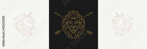 Magical heads of unicorns and lion with arrows in linear style vector illustrations set.