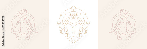 Magic female nature enchantress and snake in boho linear style vector illustrations set.