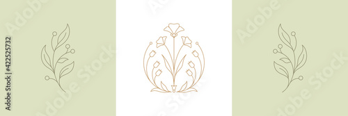 Botanical plant twigs and tender flower in boho linear style vector illustrations set.
