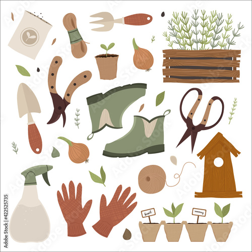 Garden tool set. Gardening tools and supplies.