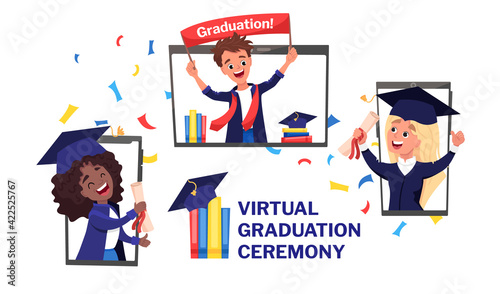Virtual graduation ceremony banner. Online video call conference with all graduates in mortarboards and gown with confetti around the phones. Coronavirus lockdown, quarantine. Vector flat illustration