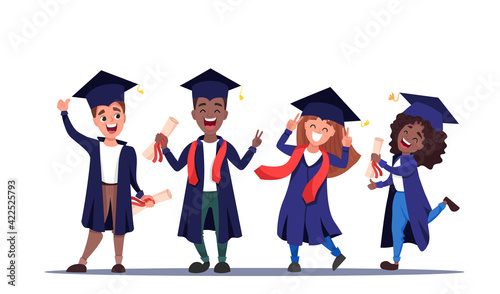 Group of happy graduated students wearing academic gowns with diplomas in their hands. Multicultural Boys and girls celebrating university graduation together. Flat cartoon vector illustration.