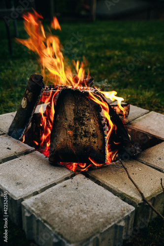 Burning branches and brushwood in fire close-up. Atmospheric warm background with orange flame of campfire and blue smoke. Beautiful full frame image of bonfire. Firewood burns in vivid flames.