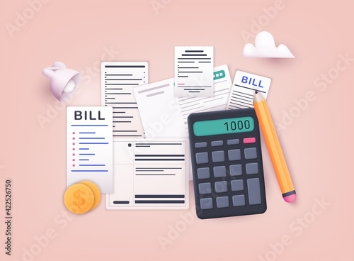 Pay bills and tax. Payment of utility, bank, restaurant and other. 3D Web Vector Illustrations.